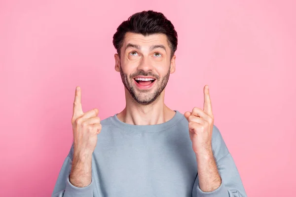 Photo Positive Cheerful Man Look Indicate Fingers Empty Space Isolated — 스톡 사진