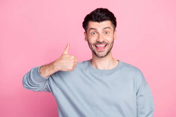 Portrait Positive Cheerful Man Hand Finger Demonstrate Thumb Isolated Pink — Stockfoto