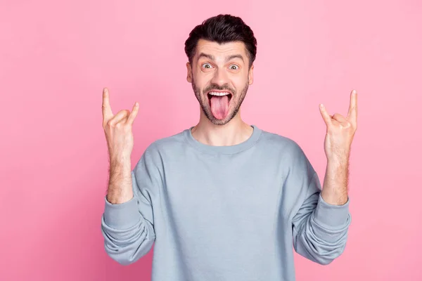 Portrait Overjoyed Careless Man Fingers Showing Heavy Metal Symbol Tongue — Stok fotoğraf