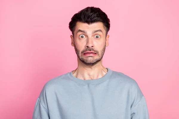 Portrait Confused Terrified Man Make Scared Grimace Staring Isolated Pink — Fotografia de Stock