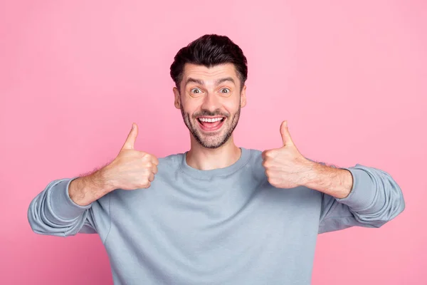 Photo Cheerful Satisfied Person Two Arms Fingers Show Thumb Approve — Stockfoto