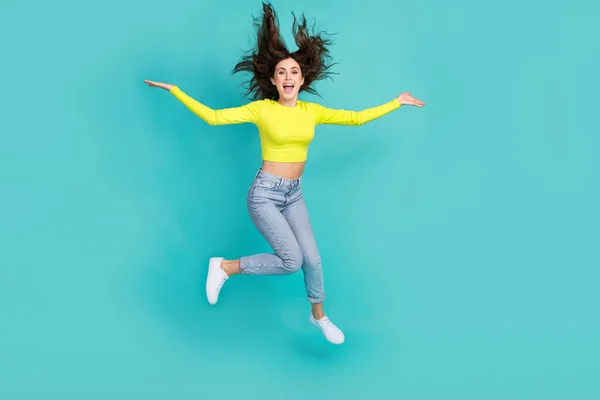 Full Body Photo Energetic Cheerful Lady Jumping Flying Hair Raise — Stock Fotó