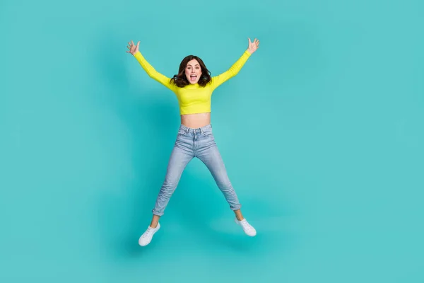 Full Body Photo Satisfied Cheerful Lady Jumping Raise Hands Make — Stockfoto