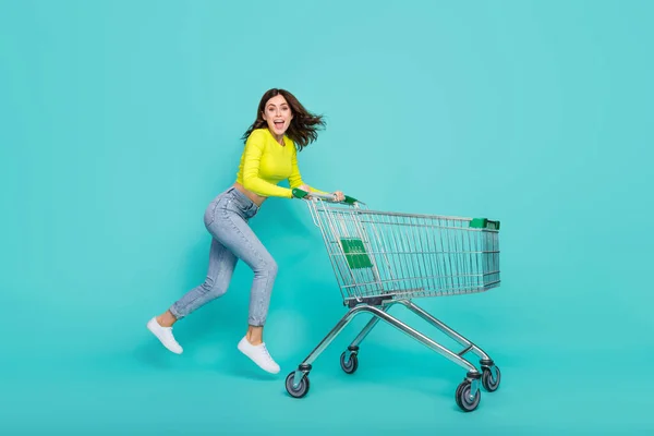 Full Body Photo Funny Brunette Hair Millennial Lady Jump Trolley — Foto Stock