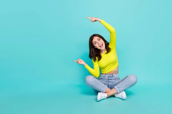 Full Body Photo Crazy Cheerful Lady Sit Floor Indicate Fingers — Foto de Stock
