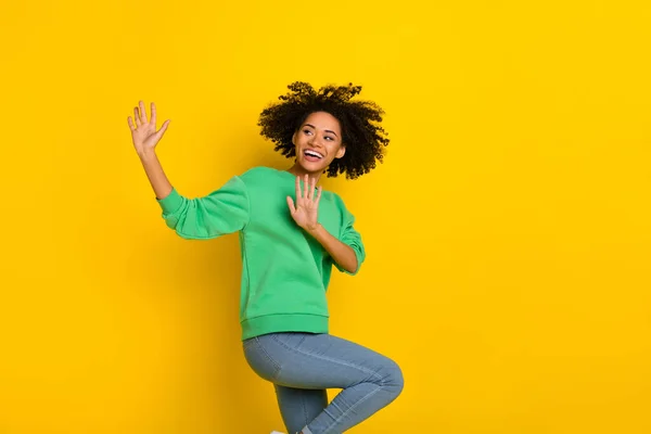 Portrait Charming Peaceful Lady Raise Hands Look Copyspace Dance Isolated — Stockfoto