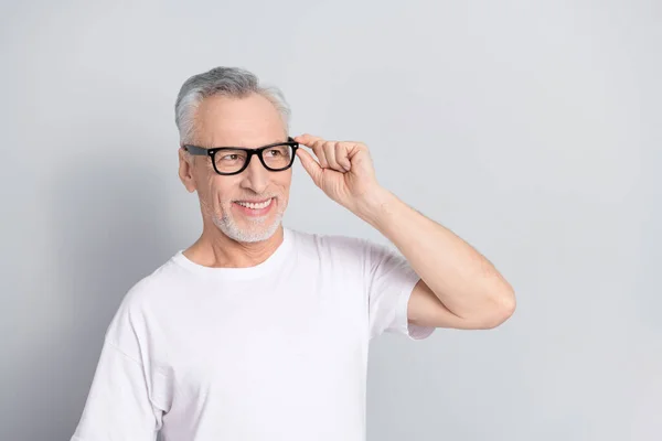 Photo Positive Glad Person Touch Glasses Look Interested Empty Space — Stockfoto