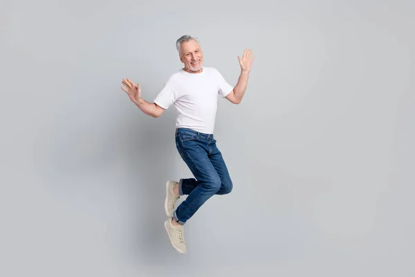 Full Length Body Size View Attractive Cheerful Successful Man Jumping — Stockfoto
