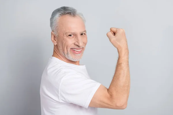 Photo Funny Old Man Show Arm Wear White Shirt Isolated — Stock fotografie