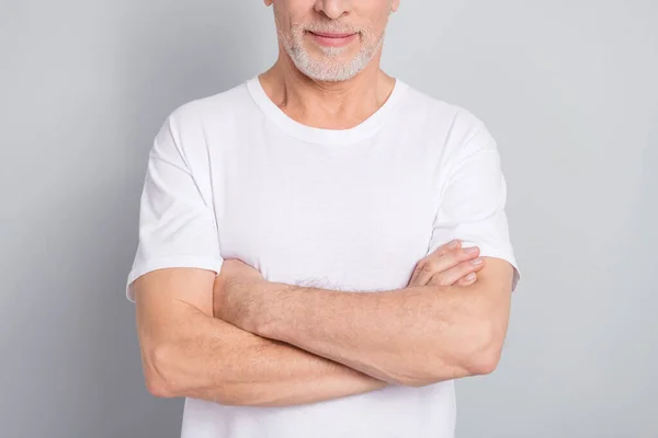 Cropped Photo Funny Old Man Crossed Arms Wear White Shirt — Stockfoto