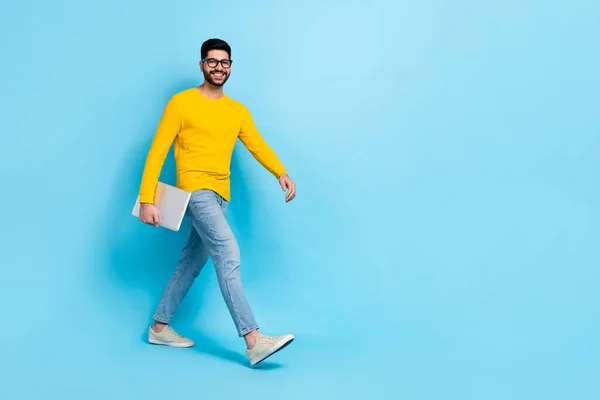 Full Size Profile Portrait Positive Man Arm Hold Netbook Walk — Fotografia de Stock