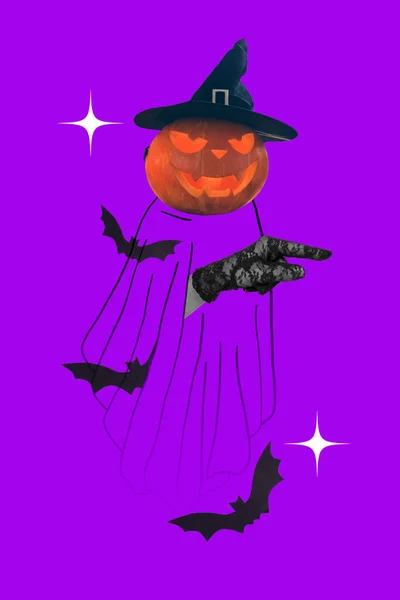 Collage photo of flying levitating ghosh head pumpkin halloween wear hat finger directing new victim isolated on purple color background.