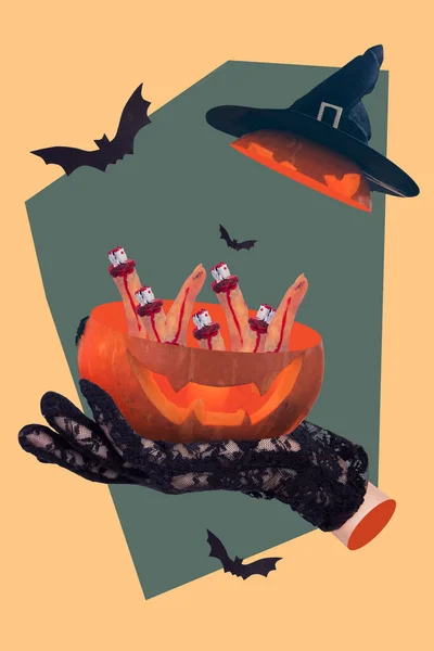 Collage Photo Open Pumpkin Head Bowl Cutted Human Fingers Bloody — 스톡 사진