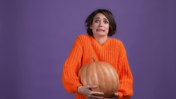 Lady Prepare Halloween Occasion Carry Pumpkin Isolated Bright Color Background — Stockvideo