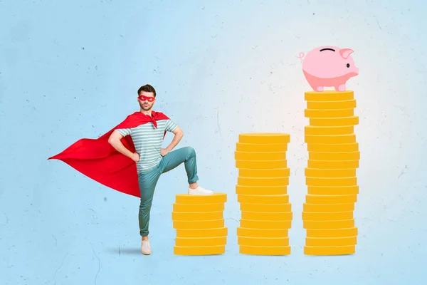 Composite Collage Image Confident Superman Pile Stack Money Coins Pig — Fotografia de Stock