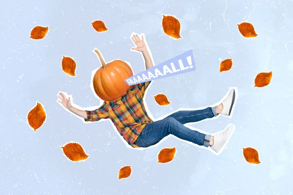 Photo of funny person dressed checkered shirt pumpkin instead head falling autumn leaves in air hands up isolated on blue color background.