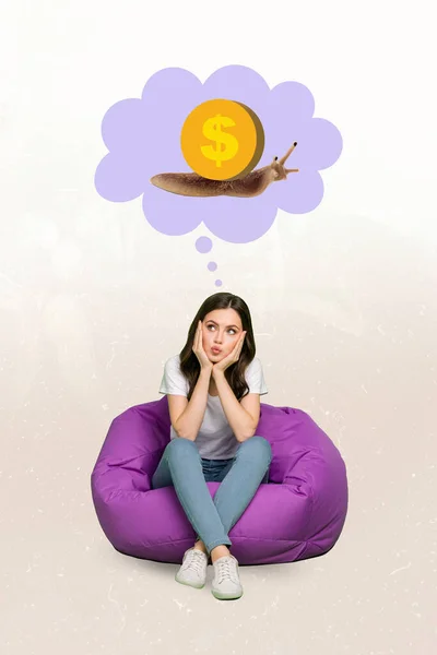 Vertical collage of minded girl sit beanbag hands touch cheeks imagine think money slow snail isolated on creative background.
