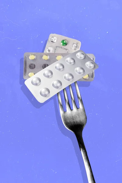 Vertical banner collage of fork pills isolated on drawing blue color background.