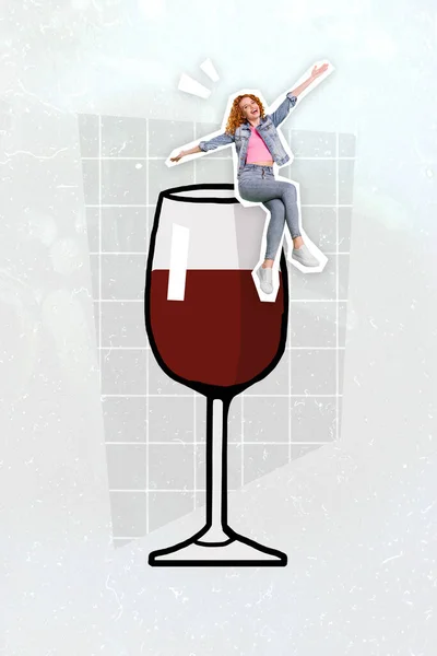 Vertical collage illustration of excited crazy mini girl sitting drawing huge wine glass isolated on checkered painted background.