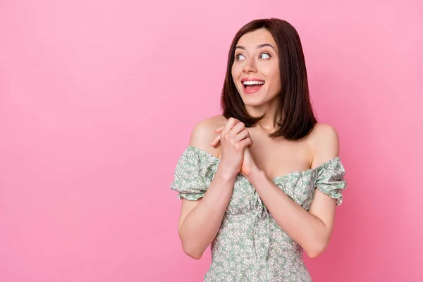 Photo of impressed satisfied person lady open mouth raise palms arm cant believe stand empty space isolated on pink color background.