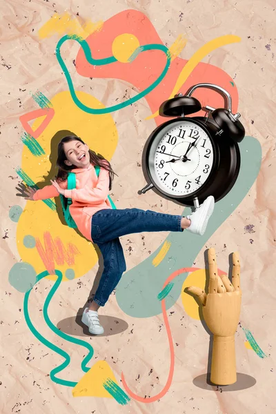 Vertical banner collage of little girl near clock rock wear casual cloth isolated on painting light color background.