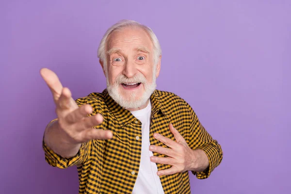 Photo of handsome grandpa white hair point camera feelings dressed trendy yellow checkered shirt isolated on lilac violet color background.