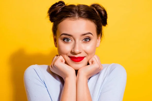 Photo of young good mood patient modest girl wear red lipstick sitting on date with boyfriend isolated on yellow color background.