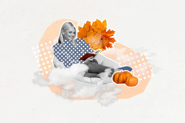 3d abstract creative artwork template collage of lovely attractive woman enjoy book weekend autumn leaves sit soft comfy indoors pumpkins.