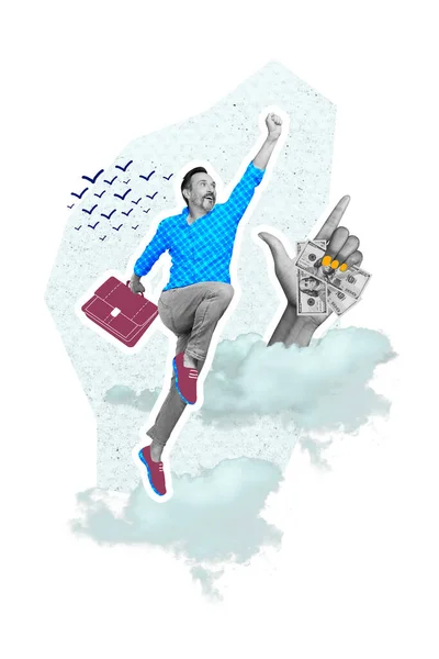 Vertical Creative Collage Image Positive Confident Businessman Carry Briefcase Raise — Stok fotoğraf