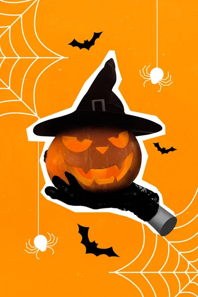 Vertical Collage Picture Hand Hold Halloween Horrifying Pumpkin Witch Hat — Foto de Stock