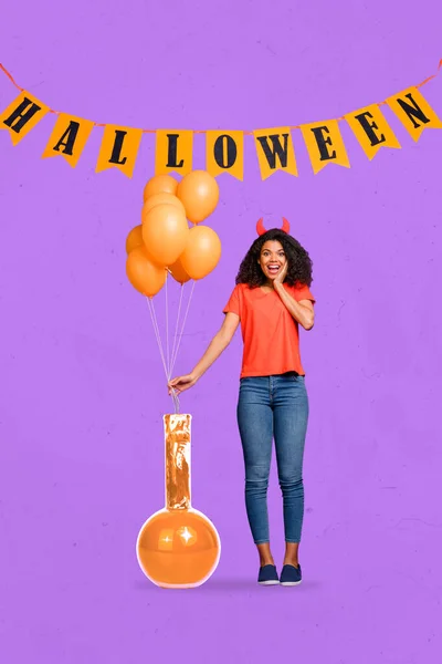 Vertical collage picture of impressed smiling girl hold orange balloons halloween potion jar isolated on purple background.