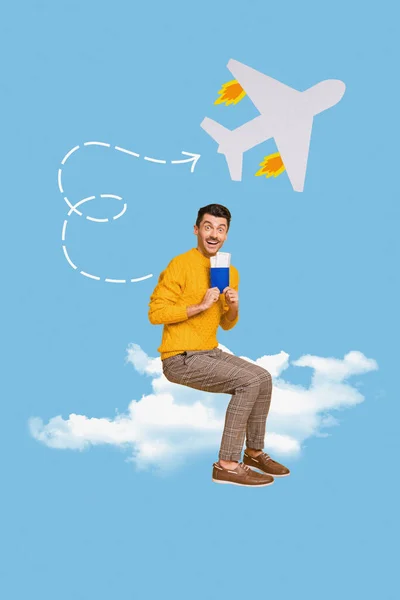Collage Photo Young Funny Guy Sitting Airplane Flying Air Vacation — Stockfoto