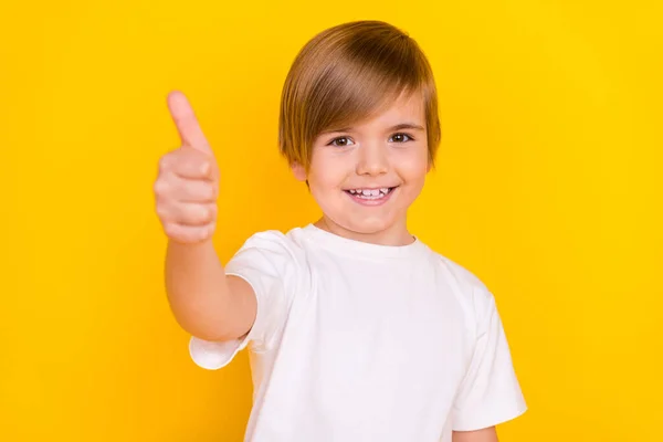 Portrait Attractive Lucky Cheerful Pre Teen Boy Showing Giving Thumbup — Foto de Stock