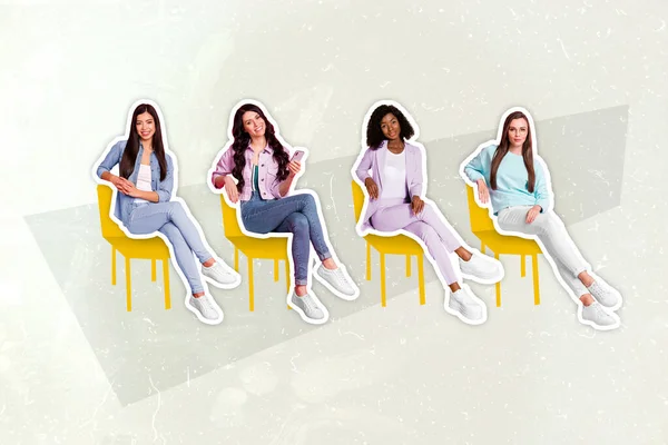 Collage Image Four Pretty Girls Sitting Chair Wait Queue Isolated — Stockfoto