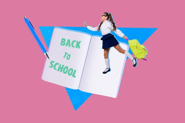 Creative Retro Magazine Image Little Child Hurrying Back School Isolated — Stockfoto