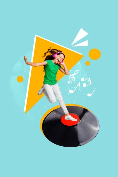 Vertical Collage Picture Excited Carefree Small Girl Enjoy Listen Music — 图库照片