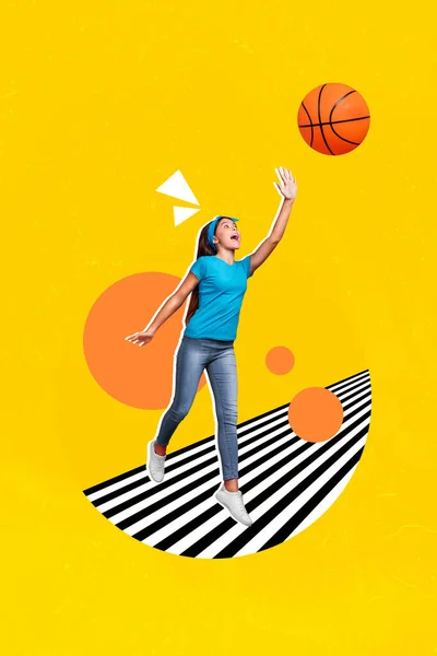 Vertical Collage Picture Excited Happy Girl Jump Play Basketball Isolated — Zdjęcie stockowe