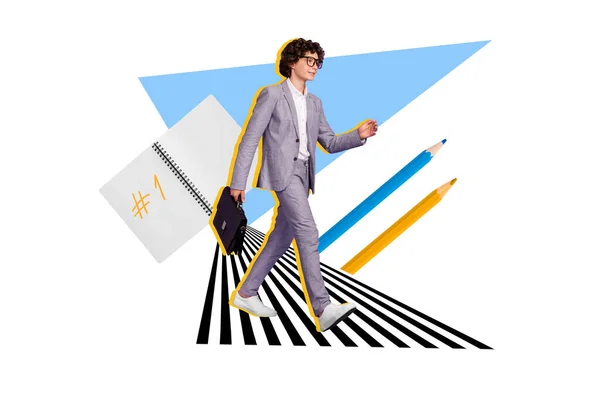Creative Collage Illustration Small Boy Hold Bag Walking Big Pencils — стоковое фото