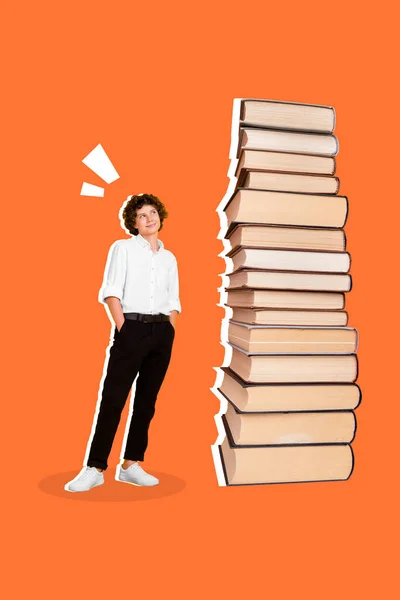 Creative Retro Magazine Image Small Kid Looking Huge Book Pile — Stok fotoğraf