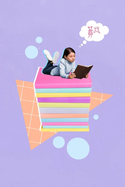 Vertical Poster Collage Photo Small School Girl Read Book Wear — 스톡 사진