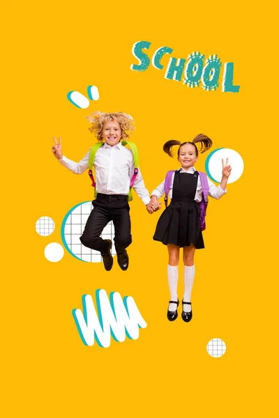 Vertical Banner Collage Photo Small School Girl Boy Jump Show — Stock Fotó