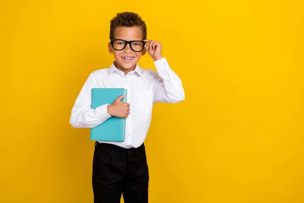 Photo Smart Pretty Boy Wear Glasses Stylish Outfit Arm Hold — Fotografia de Stock