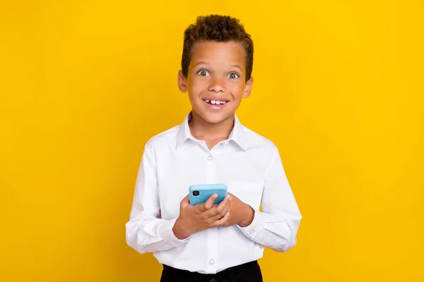 Photo Funny Boy Hand Hold Telephone Modern Device Gadget Rejoice — Zdjęcie stockowe