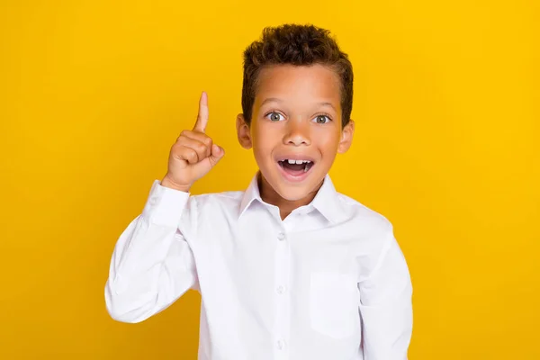 Photo Overjoyed Boy Wear Trendy Clothes Raise Arm Hand Evrika — Fotografia de Stock