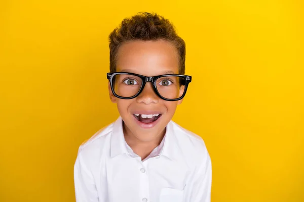 Close Photo Cheerful Boy Learner First Time Wear Glasses Enjoy — Foto de Stock