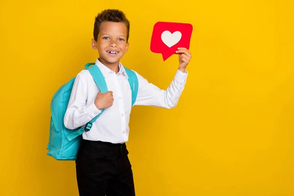 Portrait Positive Schoolboy Hand Hold Paper Card Carry Backpack Isolated —  Fotos de Stock