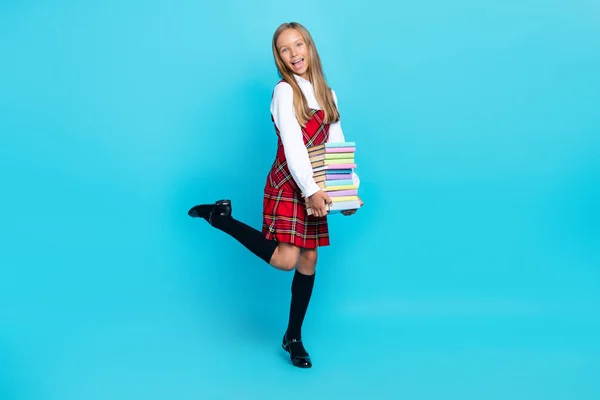 Full Length Photo Young Little Nice Schoolgirl Kid Wear Uniform — Zdjęcie stockowe