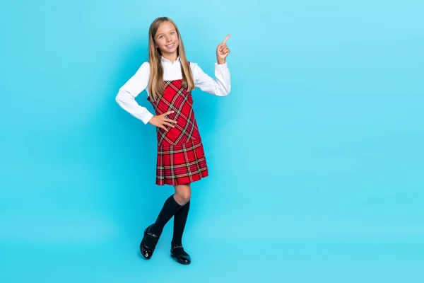 Full Size Photo Little Cute Nice Schoolkid Girl Touch Waist — Fotografia de Stock