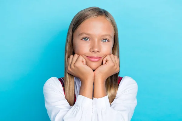 Closeup Photo Young Small Cute Pretty Schoolkid Girl Touch Cheeks — Fotografia de Stock