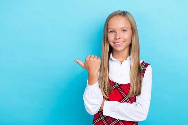 Photo Young Little Schoolgirl Wear Formalwear Uniform Smile Directing Finger — Stok fotoğraf